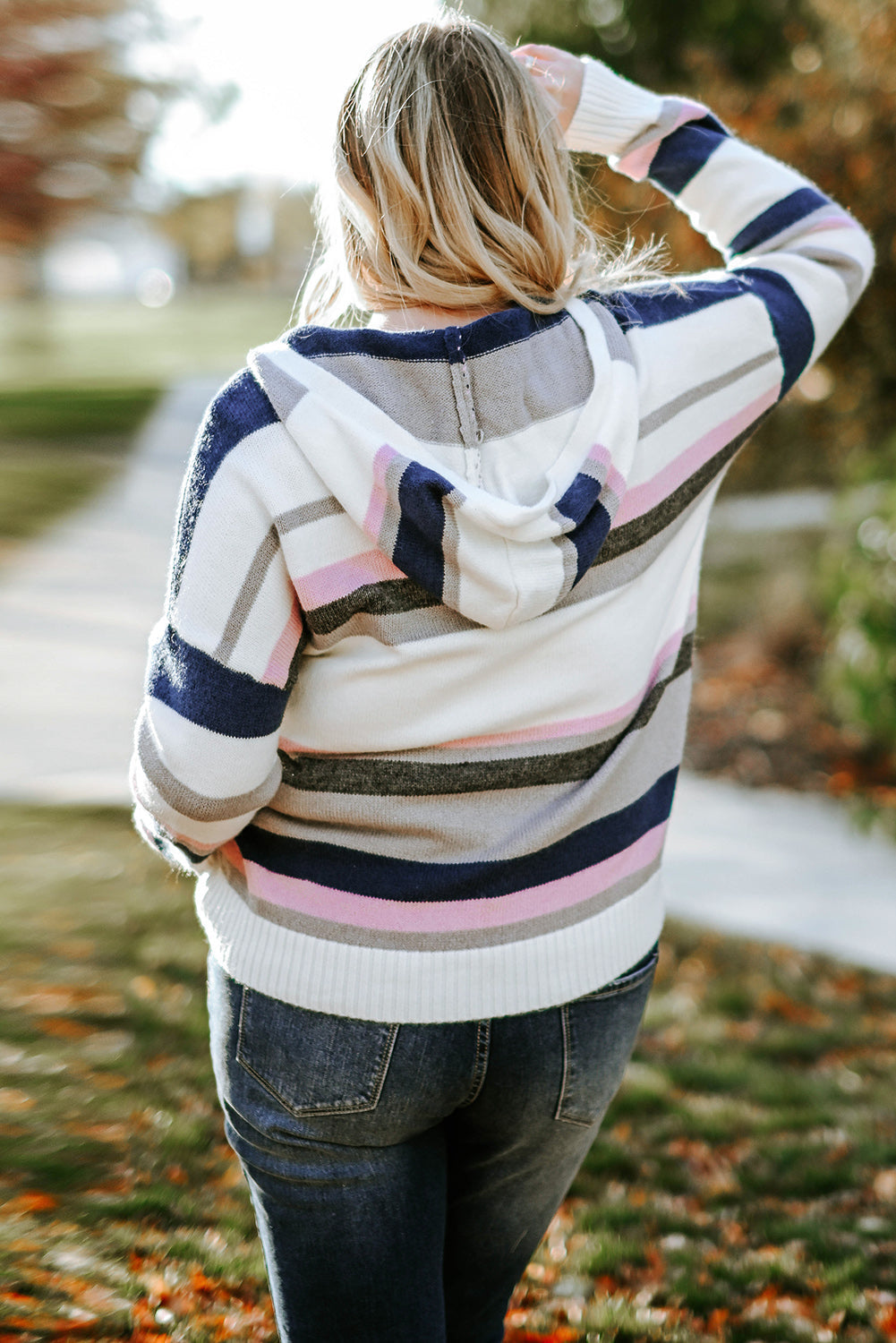 Women's Knit Sweater Featuring Striped Hooded Plus Size