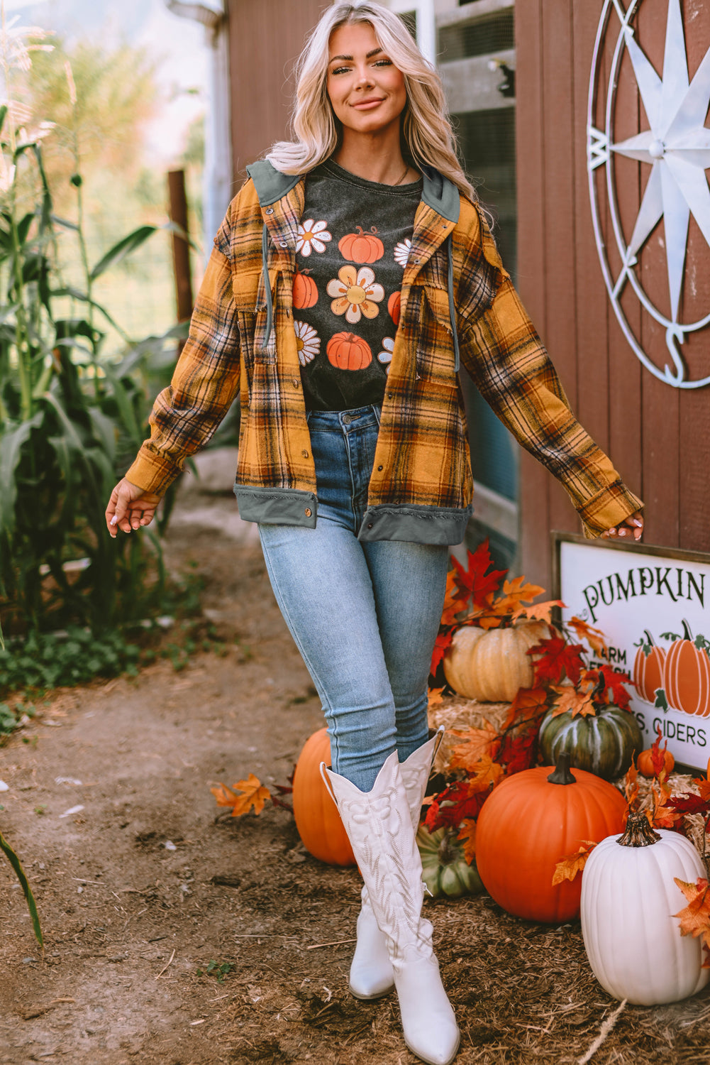 Women's Jacket with Plaid Hooded Frayed Snap