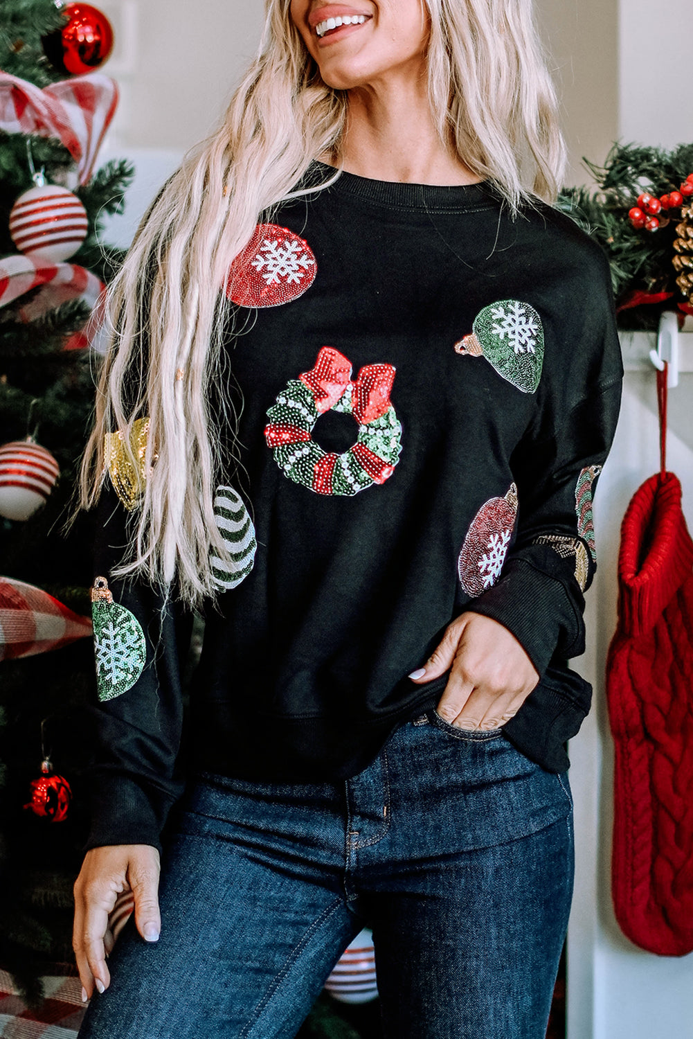 Women's Pullover Sweatshirt Featuring Sequined Christmas Graphic-Print