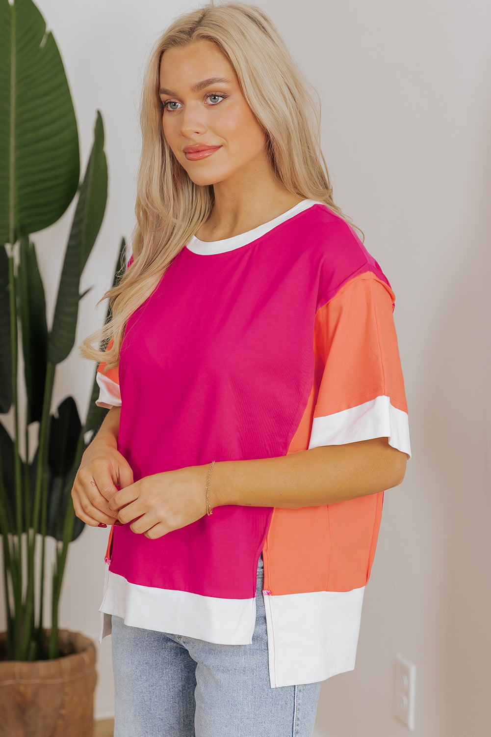 Rose Red Color Block Loose Fit T Shirt