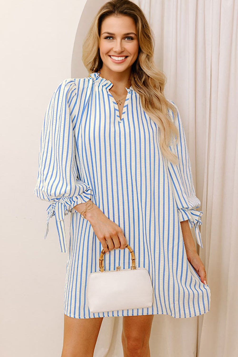 Stripe Sleeve Knotted Bracelet Shift Mini Dress in Sky Blue