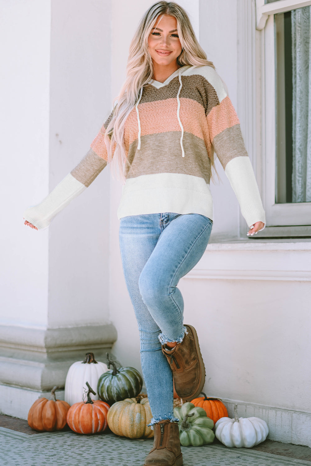 Women's Hooded Sweater Featuring Knitted Drawcord