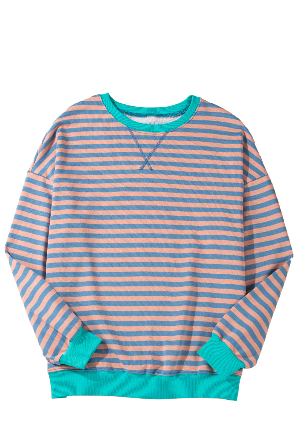 Rib-Knit Striped Contrast Trim Crossed Stitch Drop-Shoulder Sweatshirt