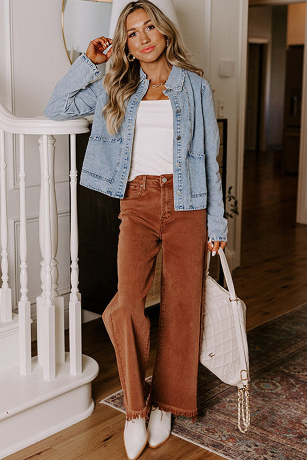 Scallop Patched Trim Collar Pocket Button-Front Denim Jacket