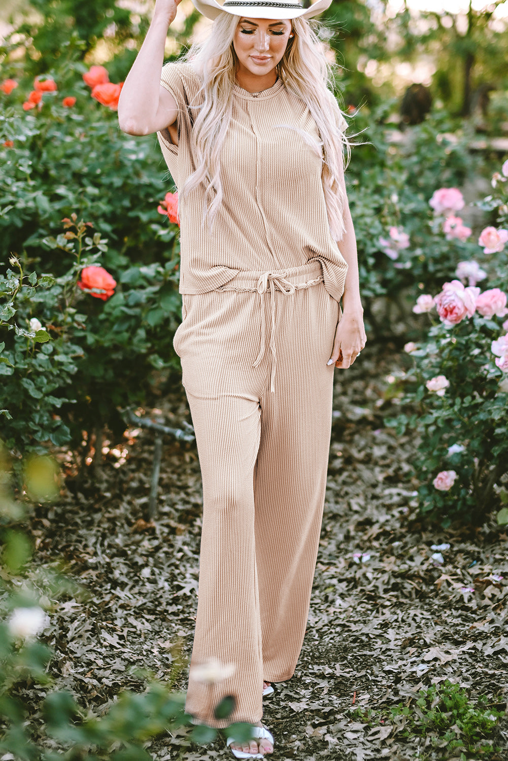 Women's Tee Pants 2-Piece Seam Rib-Knitted Outfit