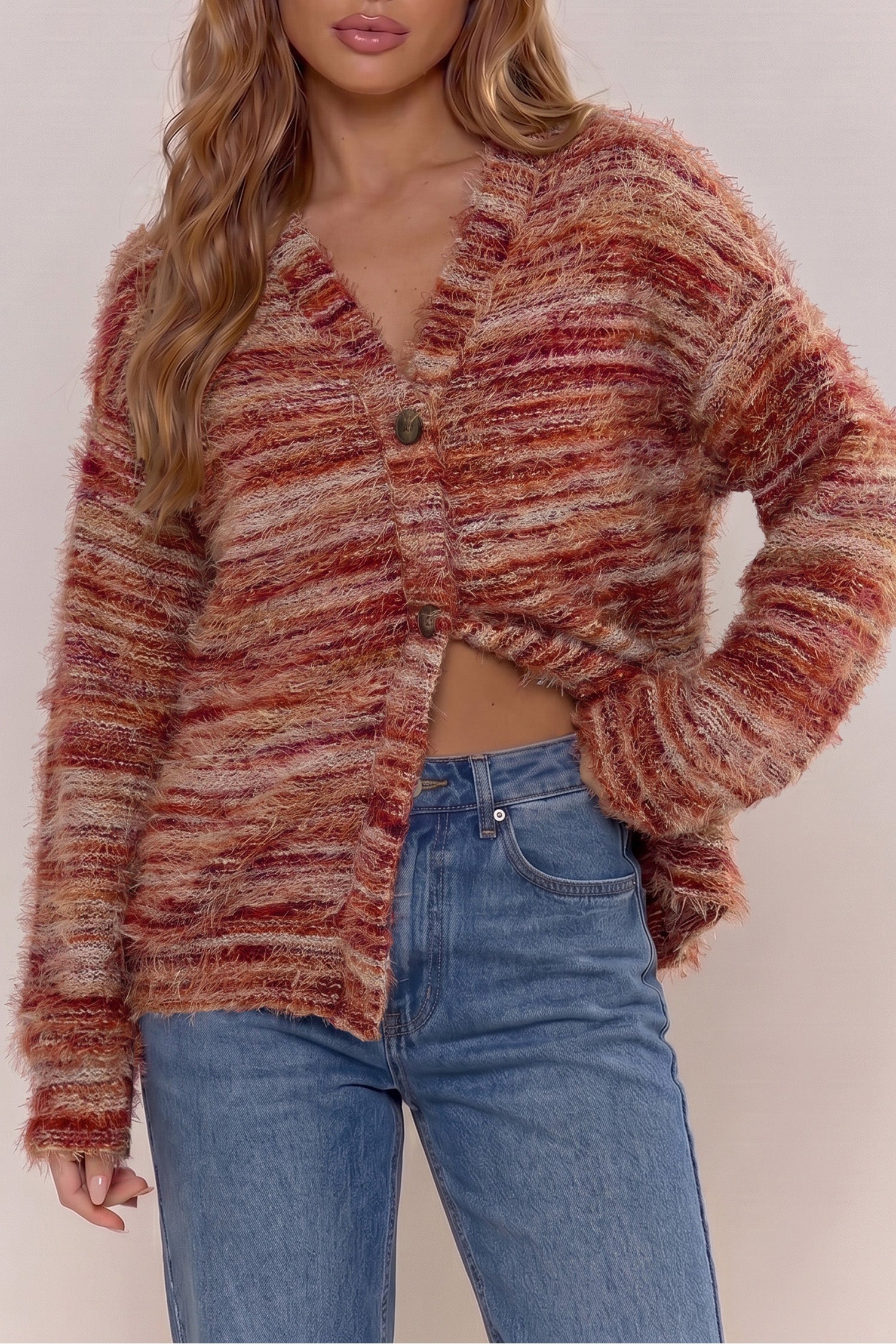 Striped Button Fuzzy Button Front Cardigan Knit Top in Tawny