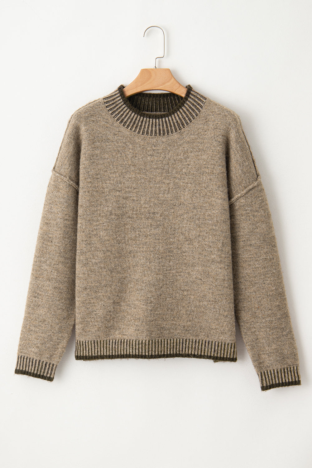 Contrast Trim Mock Neck Drop Shoulder Sweater