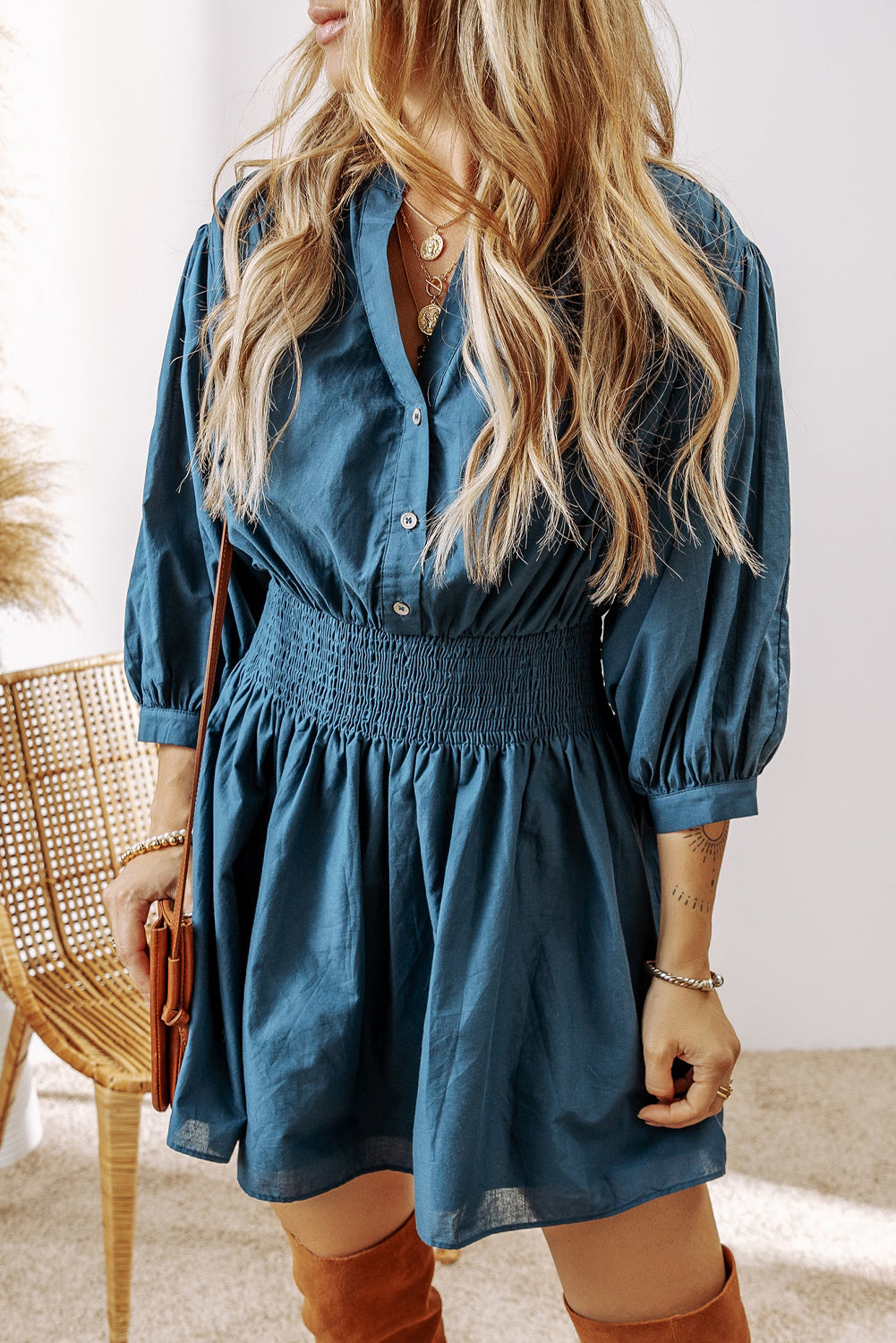 Mini Dress for Women Three-Quarter Sleeve Shirred High-Rise