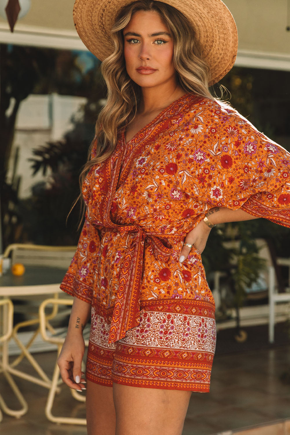Women's Romper with Wrap Tie Waist Bohemian Floral-Print