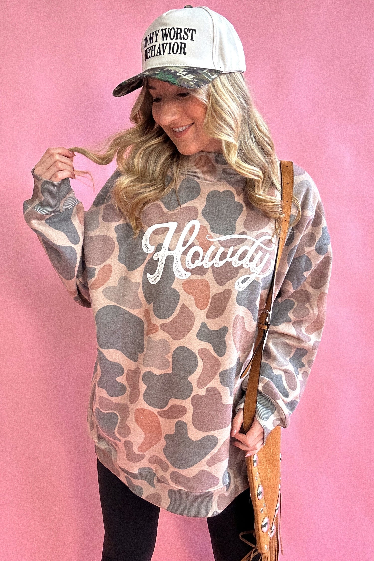 Camo Western Print Howdy Style Baggy Pullover Sweatshirt in Multicolour