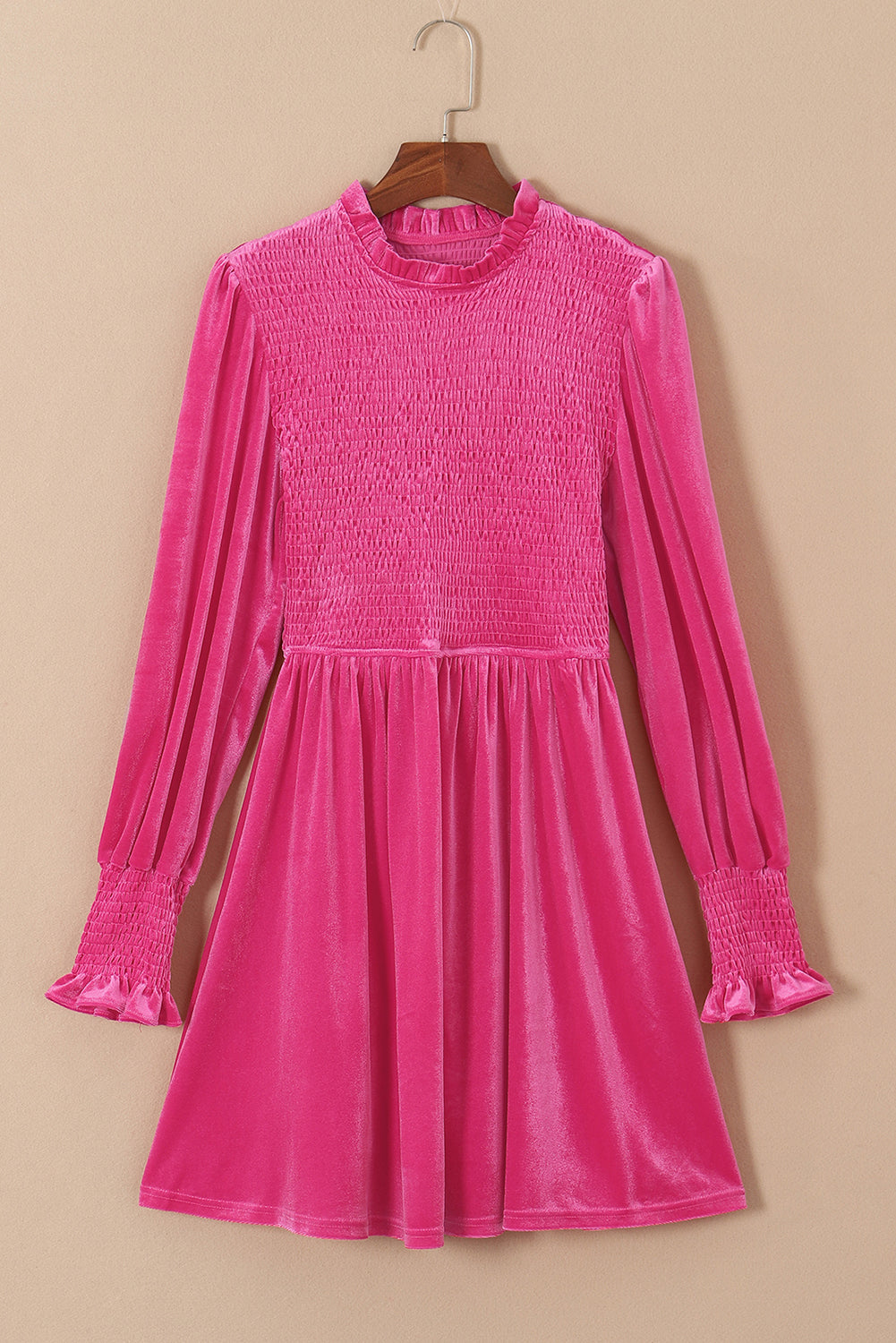 Women's Frill-Trimmed Neck Shirred Velvet Dress