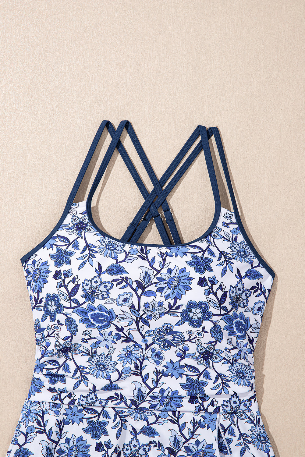 Floral-Print Crossed Back Asymmetric Knot Side One Piece Swimsuit in Sky Blue