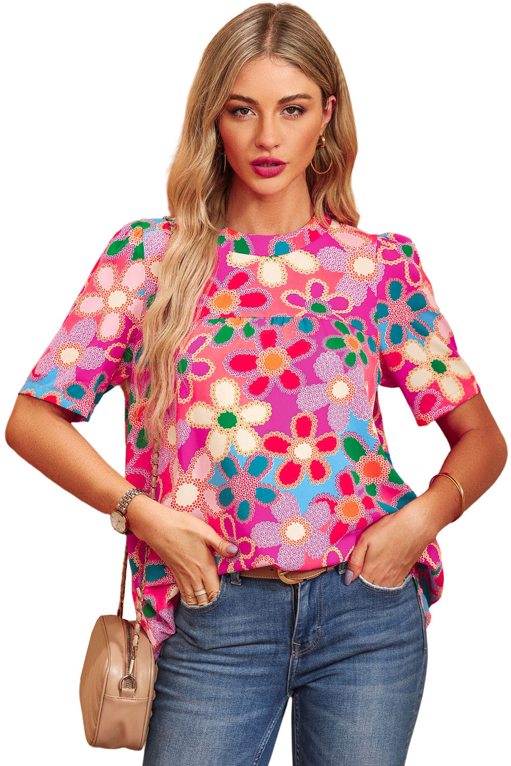 Women's Top Featuring Bohemian Flower Puff Short-Sleeve
