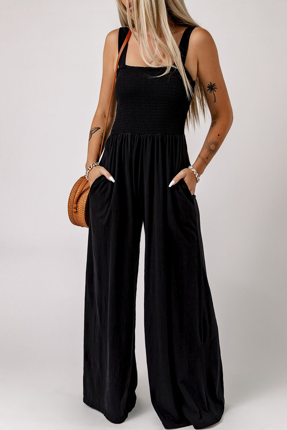 Women's Leg Jumpsuit Featuring Shirred Sleeveless Wide
