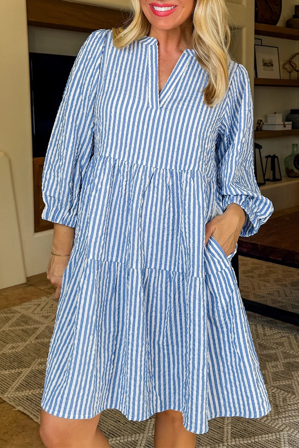 Tiered Bracelet Sleeve Shift Dress Featuring Pockets