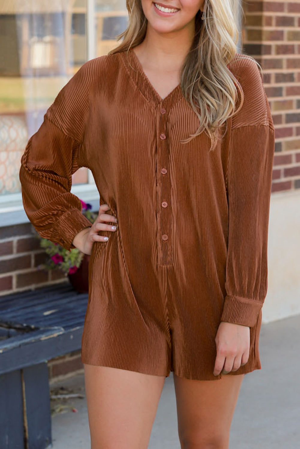 Romper for Women Rib-Knitted Long-Sleeve Button Front