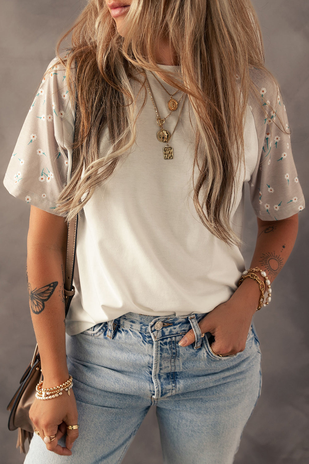 Floral Print Color Block Raglan Sleeve T Shirt