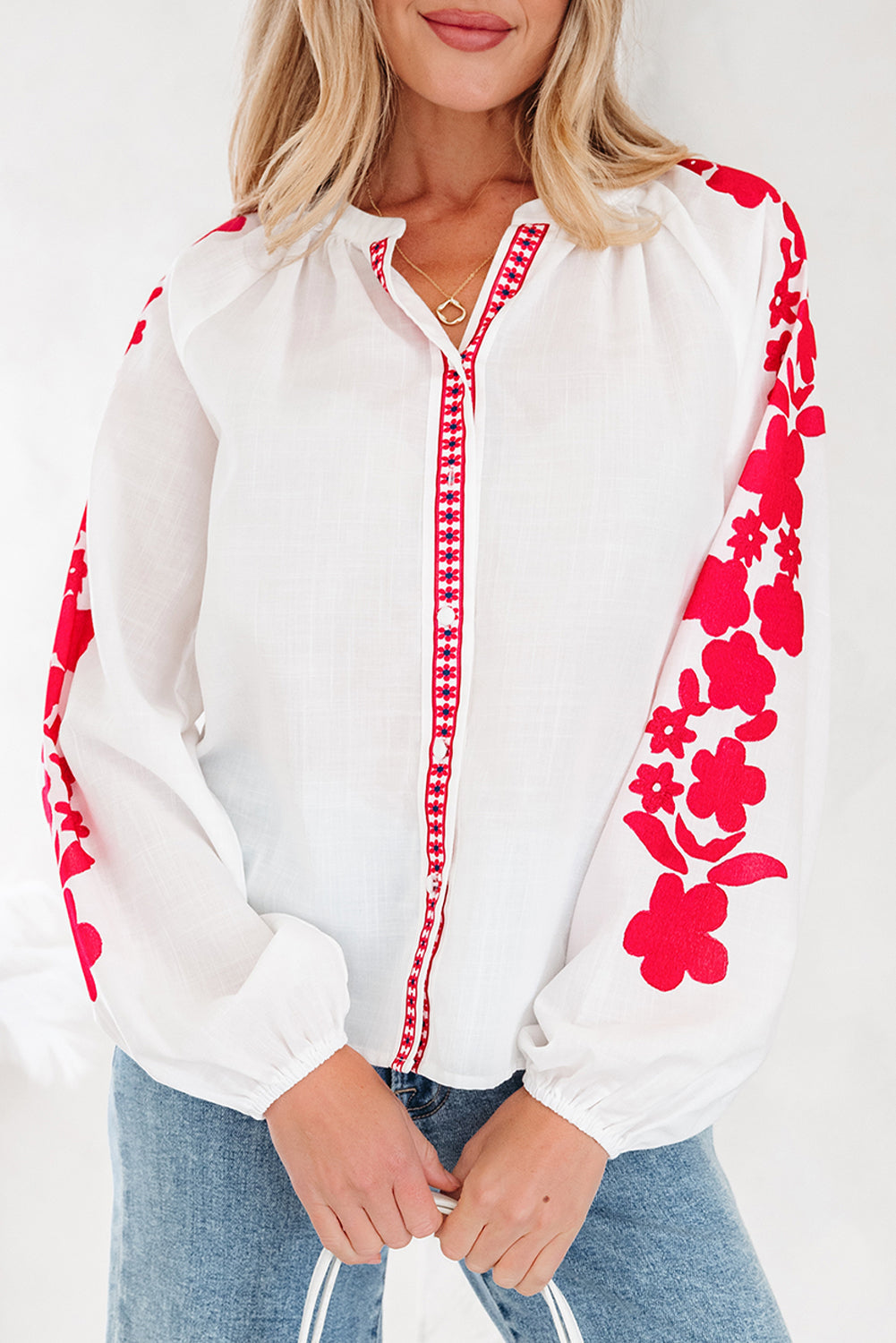 Floral Long-Sleeved Embroidered Puff Everyday Shirt
