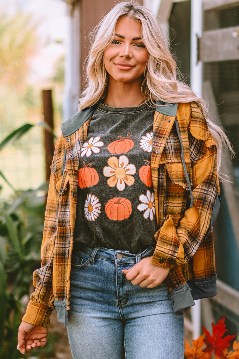 Women's Jacket with Plaid Hooded Frayed Snap
