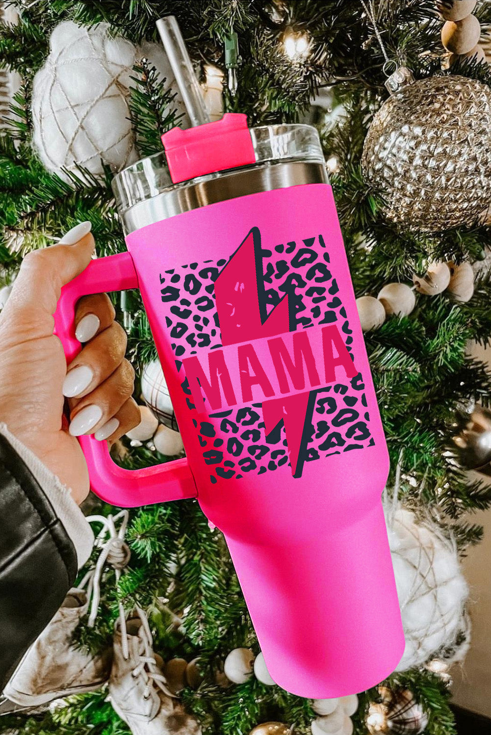 Lightning Leopard-Print Mama Leopard-Print Straw Stainless Steel Insulate Cup 40oz