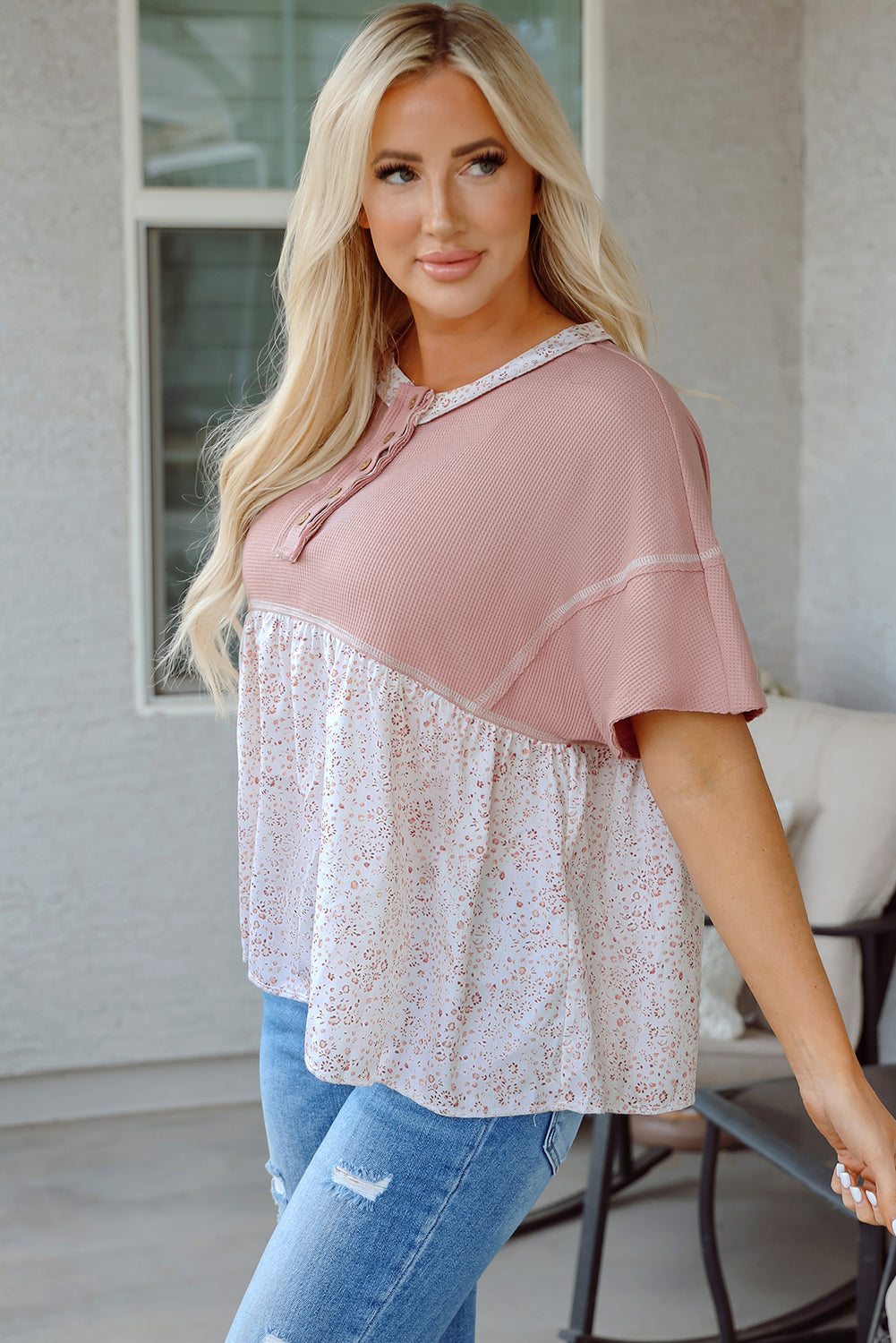 Waffle Floral Patchwork Short Sleeve Top