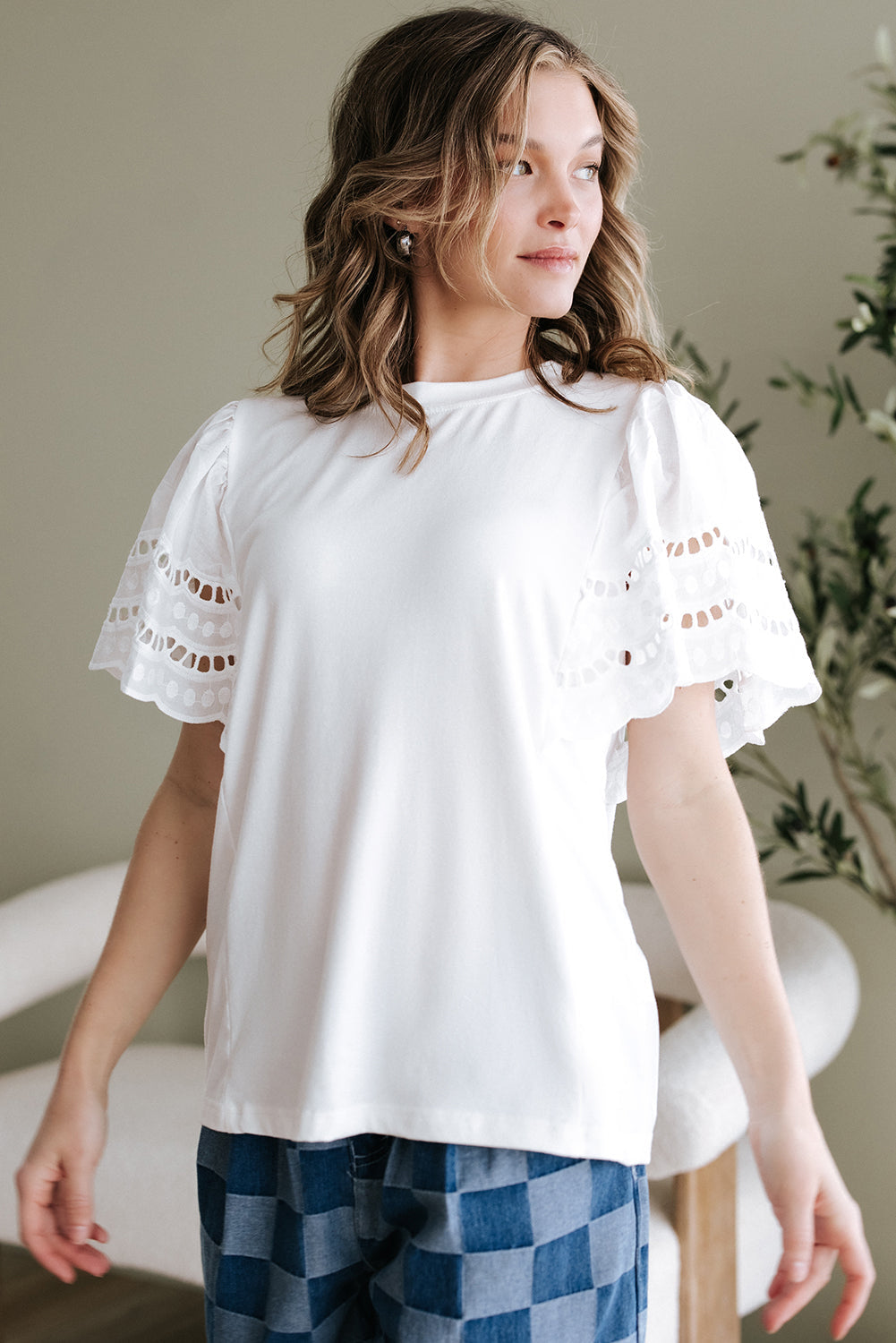 White Hollow Out Embroidered Short Sleeve Top