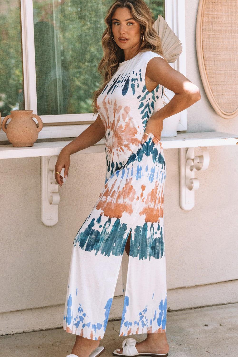 Women's Dress with Cap Sleeve Tie Dye Long Slit