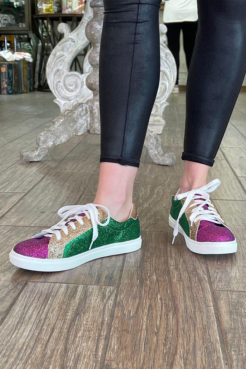 Mardi Color Gras Triple Sequin Lace up Flat Shoes