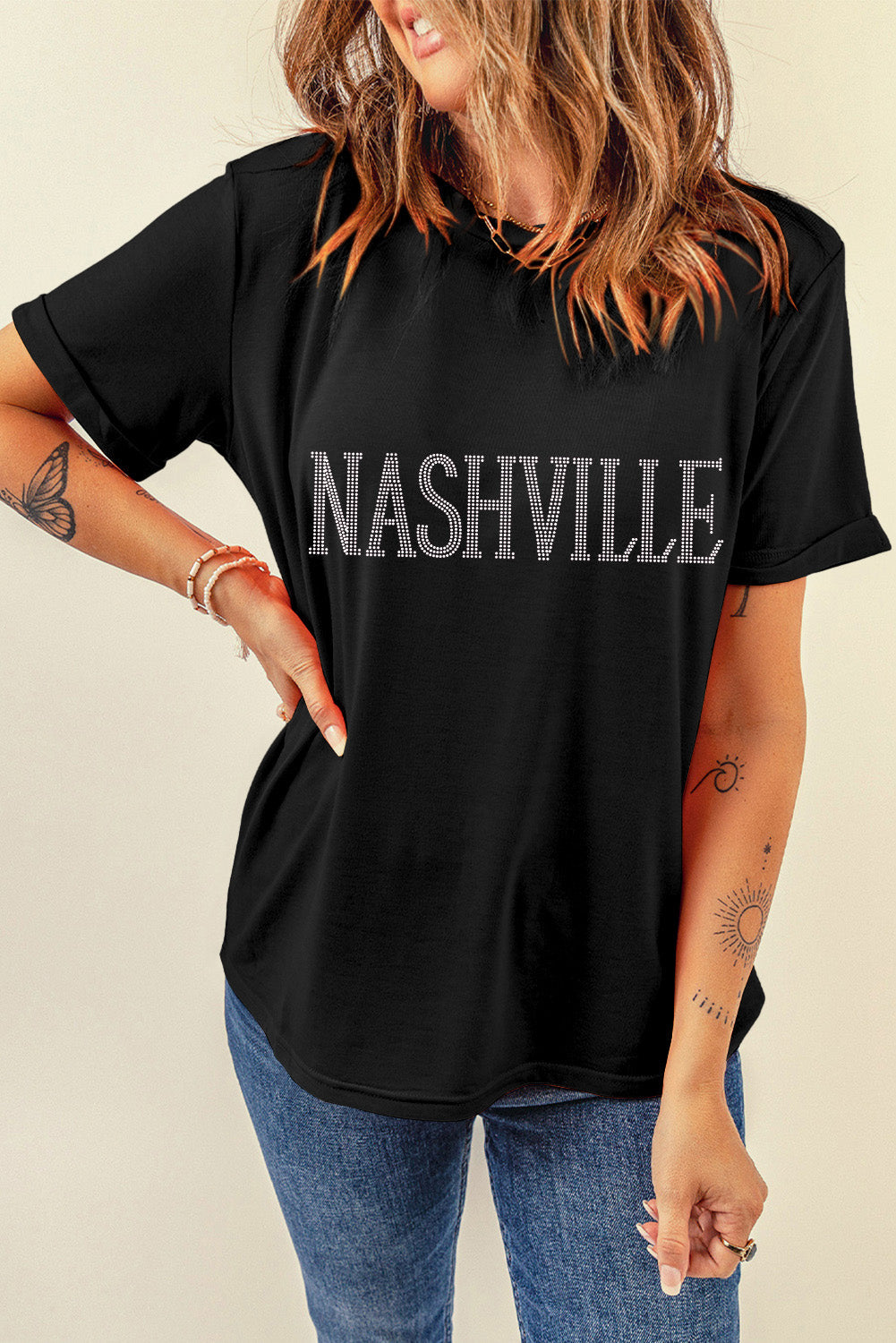 Women's T Shirt with Crew Neck Rhinestone NASHVILLE Graphic-Print