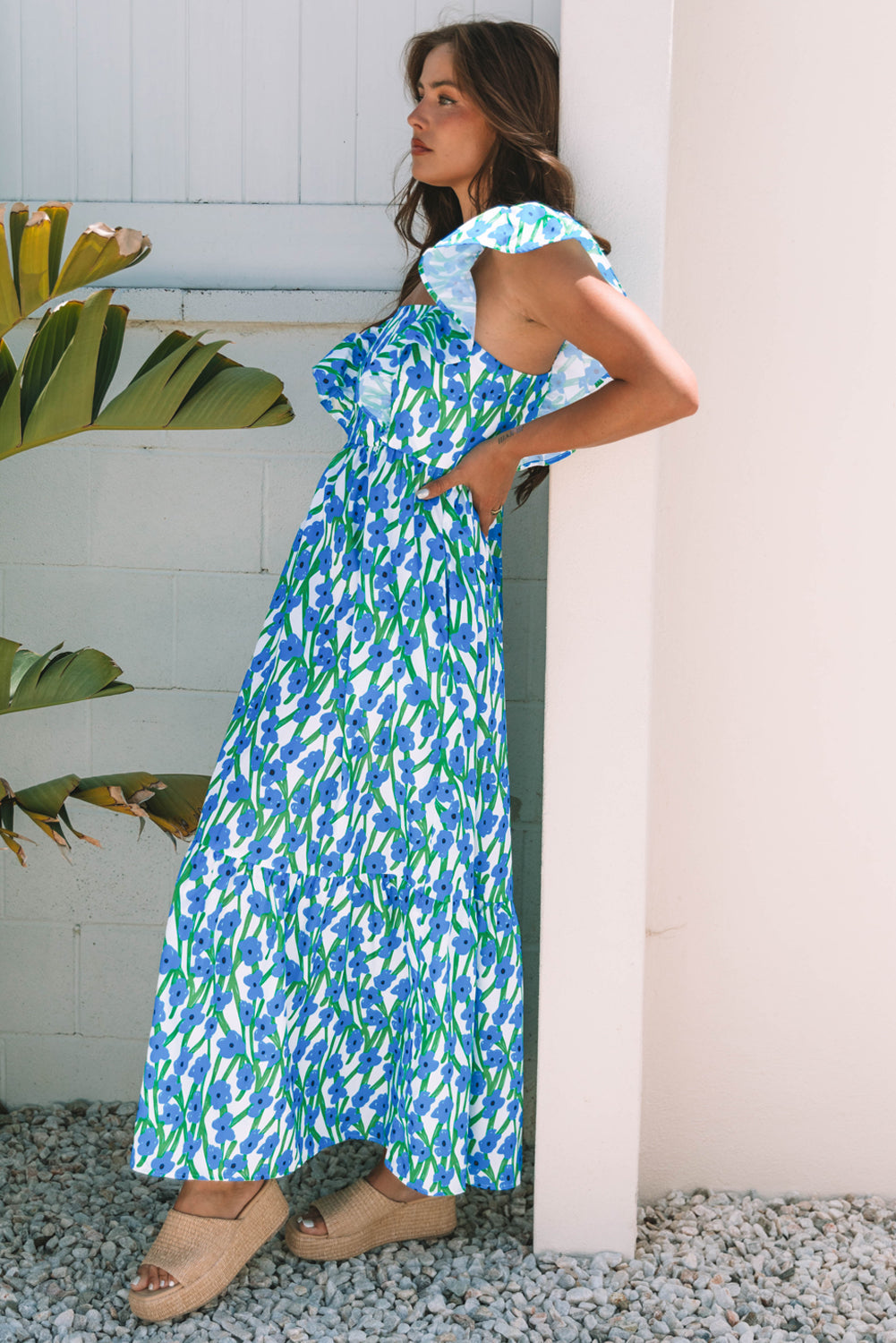 Floral-Print Square Neck Ruffled Strap Maxi Dress