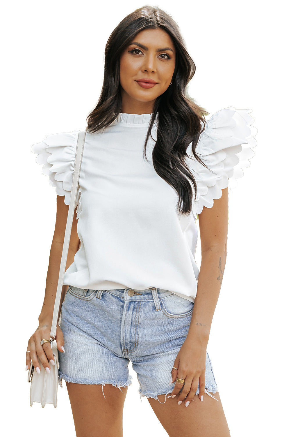 Women's Scalloped Ruffle-Trimmed Solid Color Top