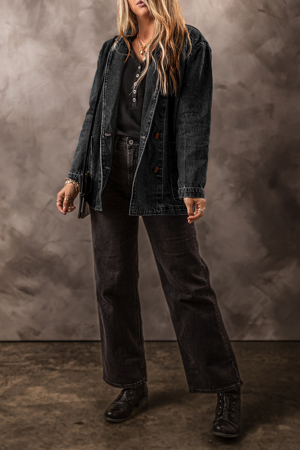 Denim Jacket with Side Pockets Lapel Collar