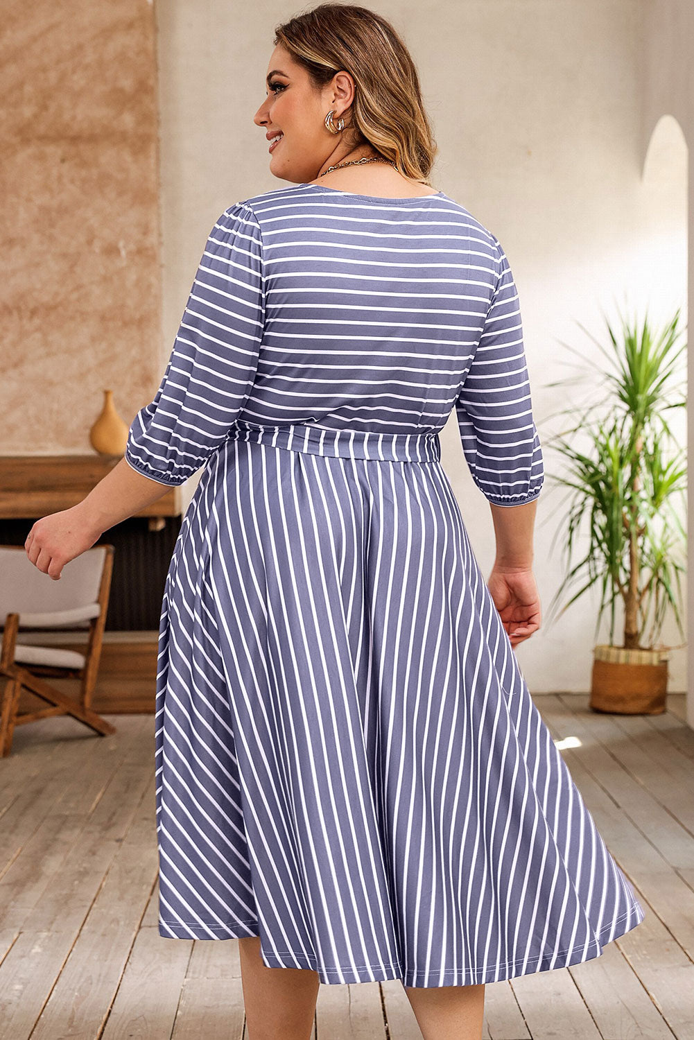 Dress for Women Tie Waist Three-Quarter Sleeve Plus Size