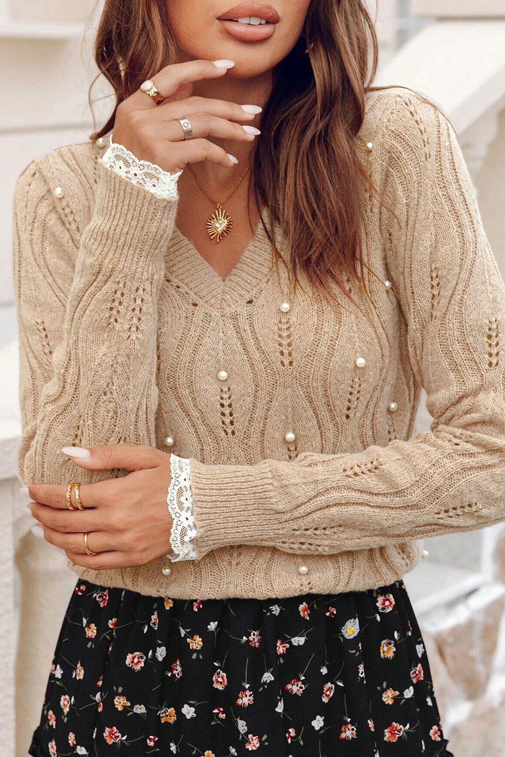 Beaded Pointelle Pearl Pointelle Knit V-Neck Lace Patchwork Sleeve Knit Top
