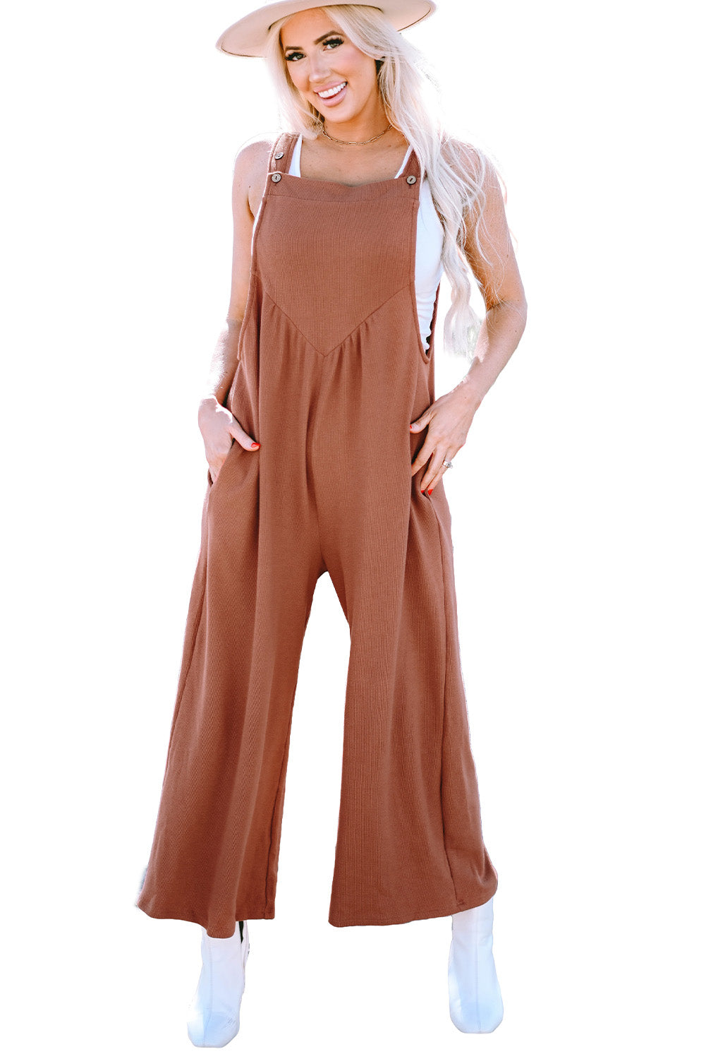 Women's Button-Front Straps Ruched Wide Leg Jumpsuit