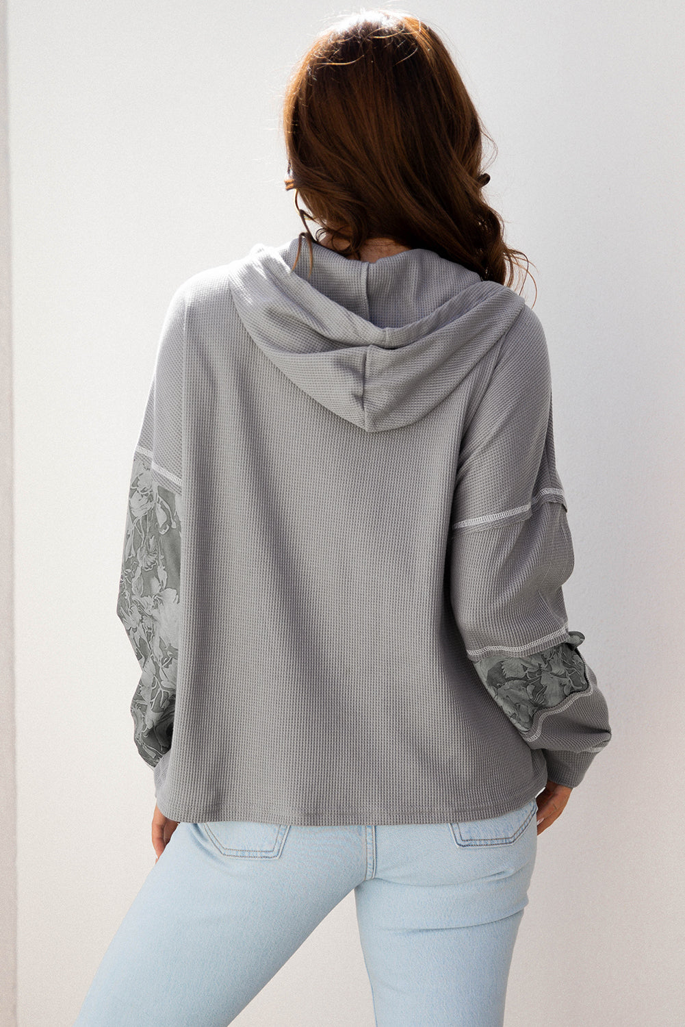 Printed Patchwork Waffle Patchwork Drawcord Hooded Long-Sleeved Top