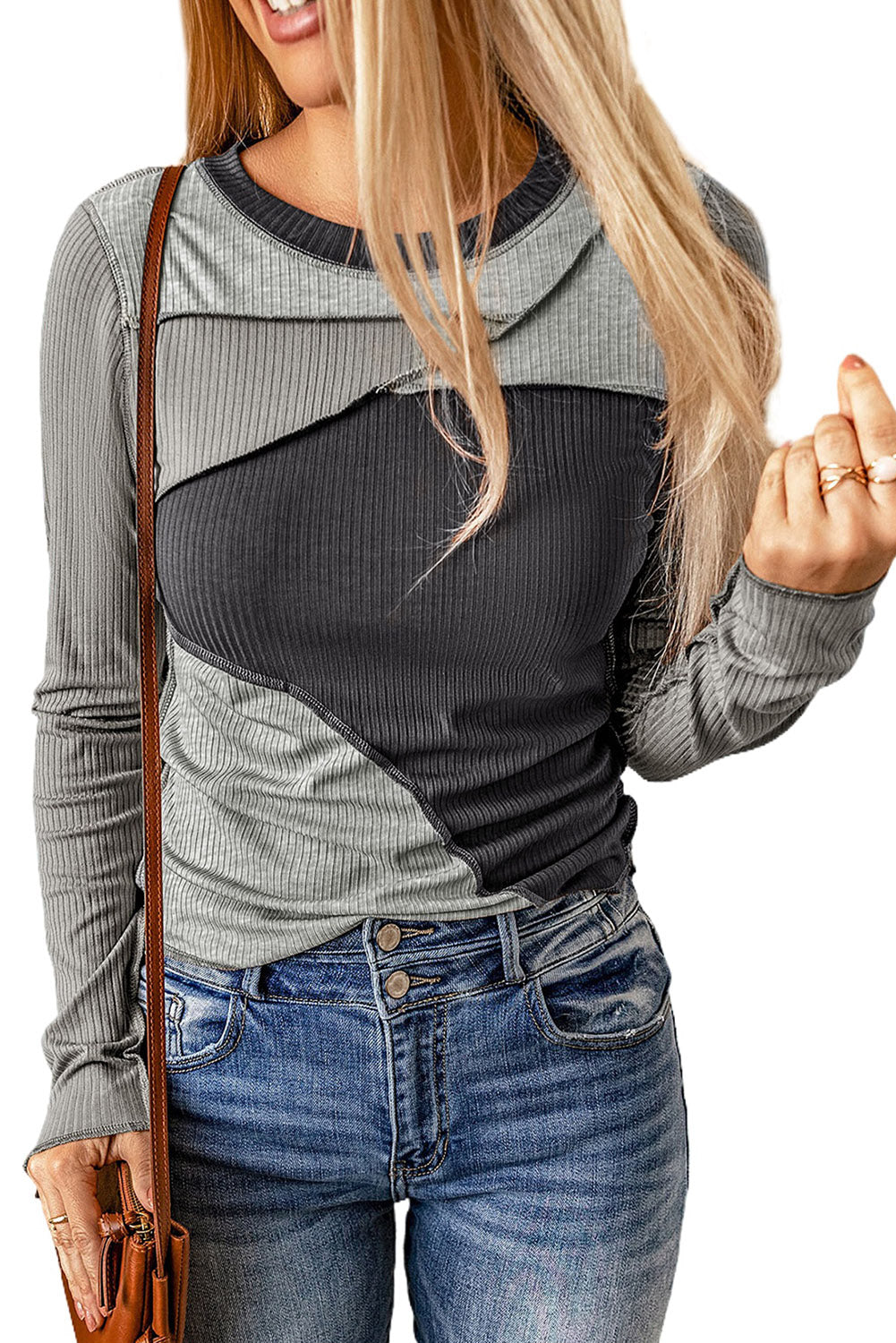 Women's Knit Top with Rib-Knitted Expose Seam