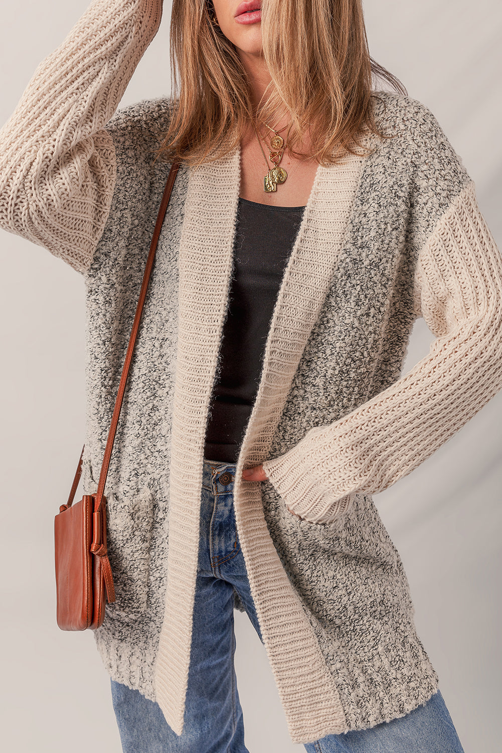 Colorblock Side Pockets Open-Front Cardigan