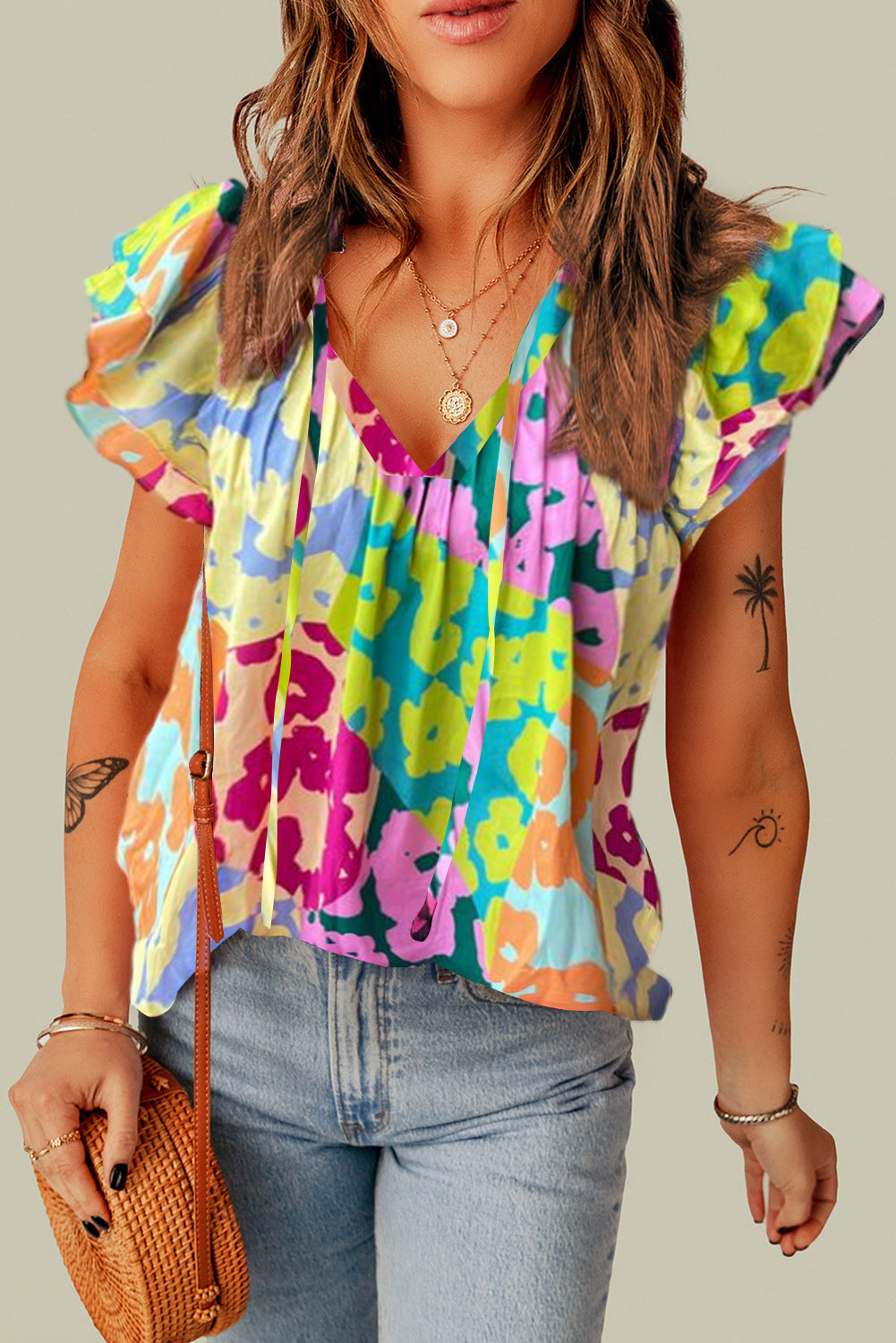 Women's Blouse with V Neck Crinkled Leopard-Print Flutter Sleeve