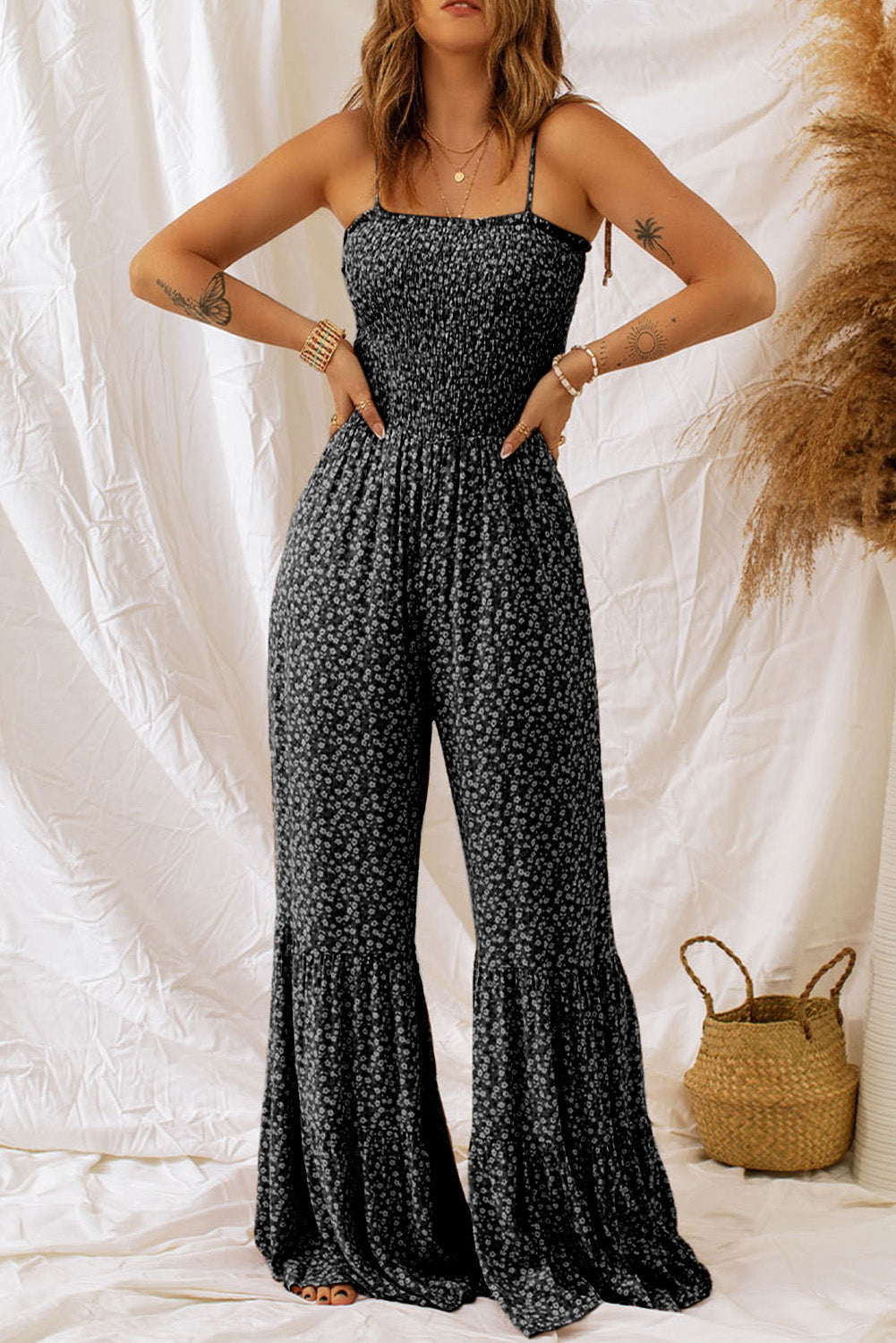 Jumpsuit for Women Straps Bodice Wide-Leg Floral-Print