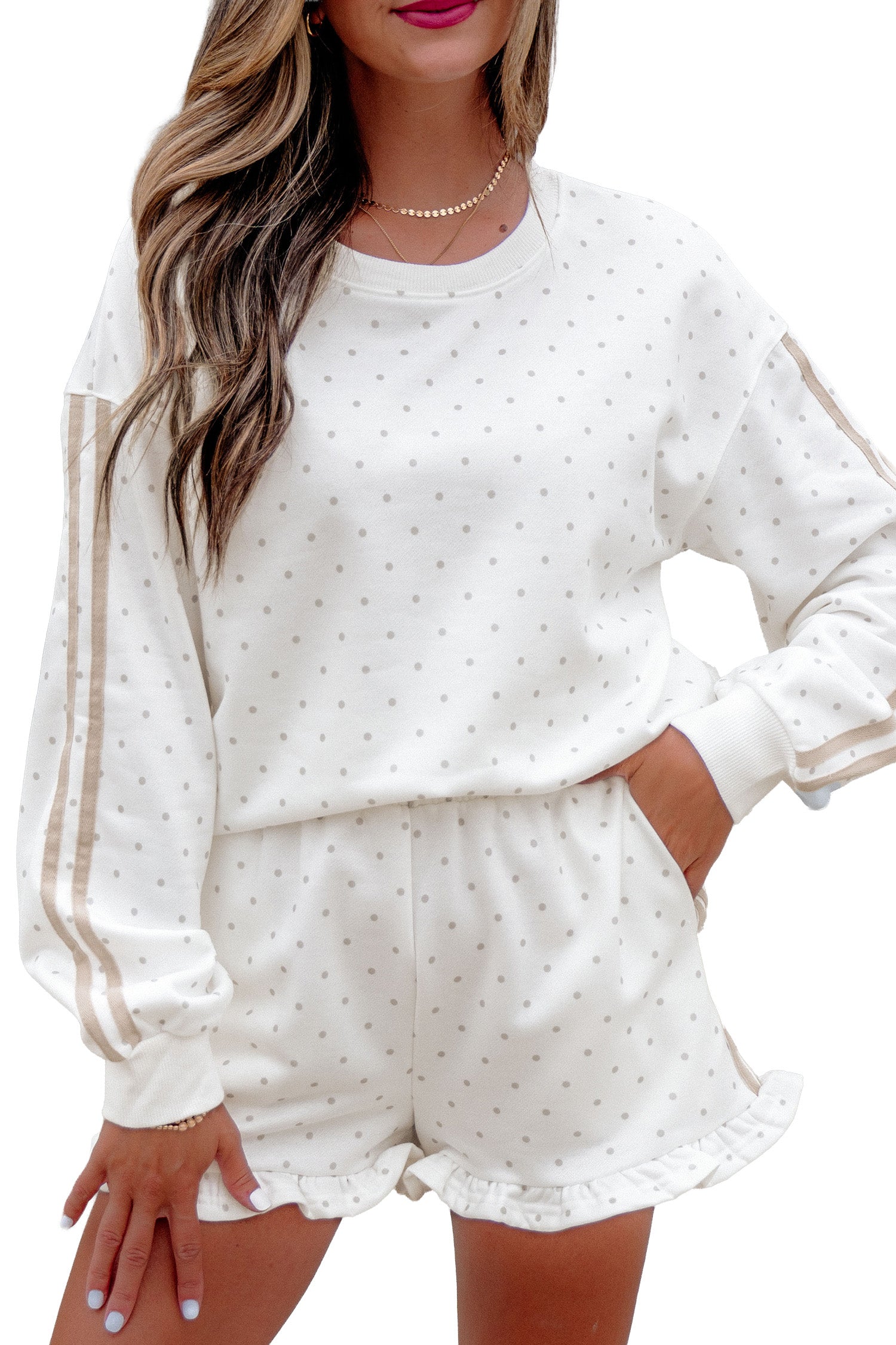 Polka-Dot Print Side Stripe Everyday Sweatshirt 2pcs Short Set in White