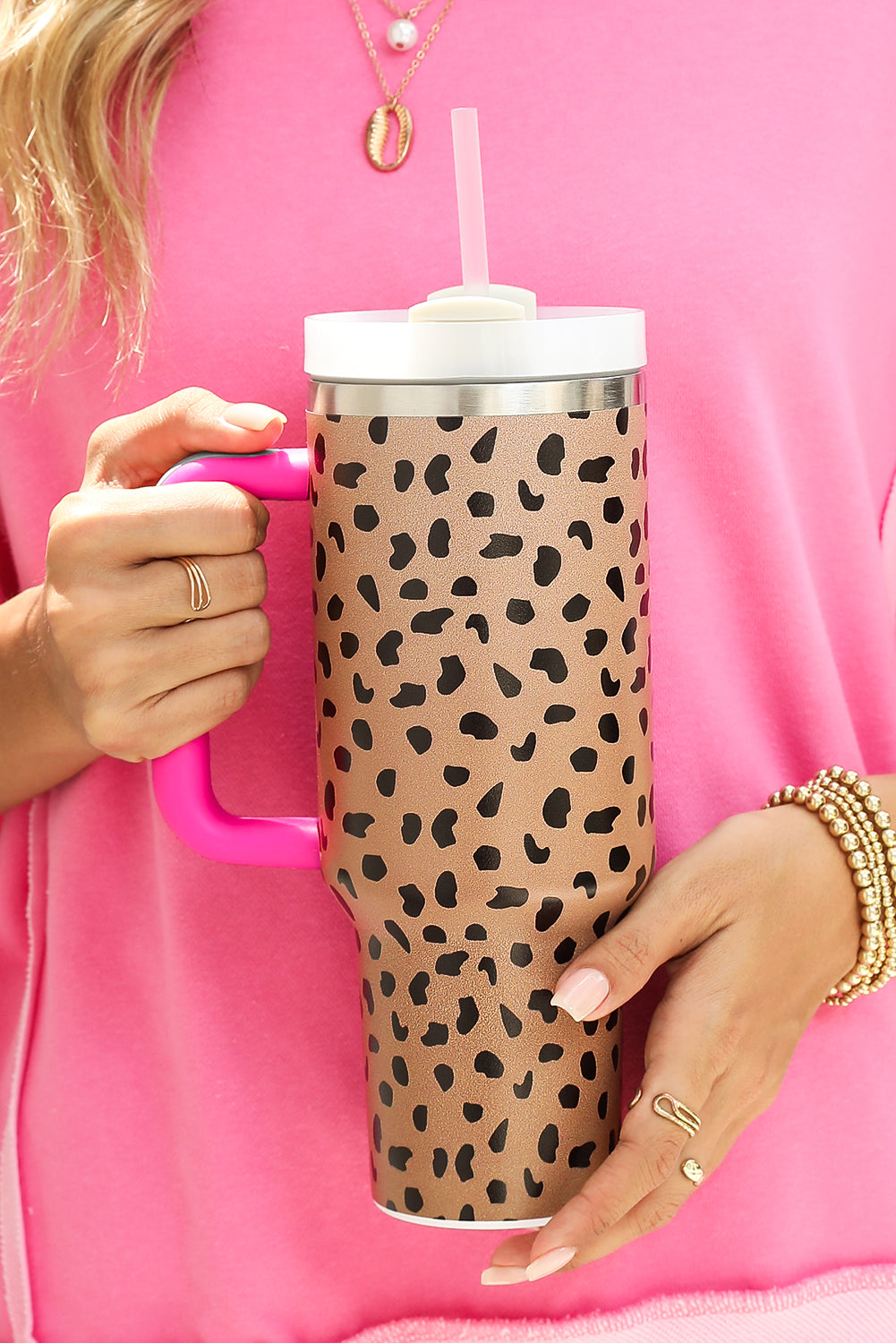 Handled Leopard Printed Cup with Straw 40oz