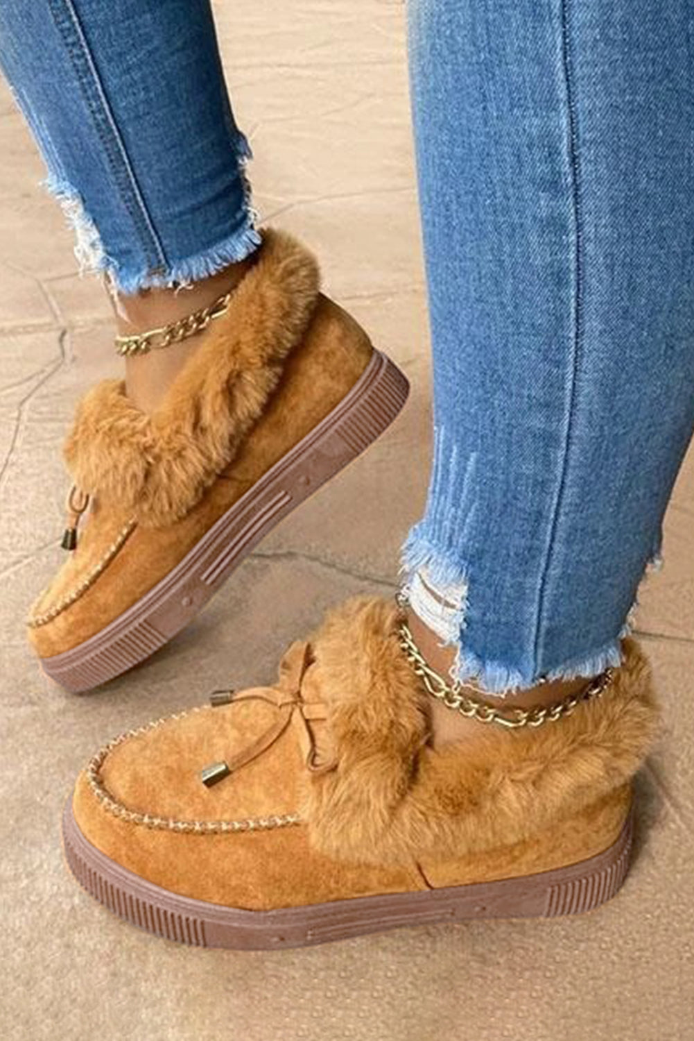 Bow Decor Faux Suede Plush Lined Winter Flats