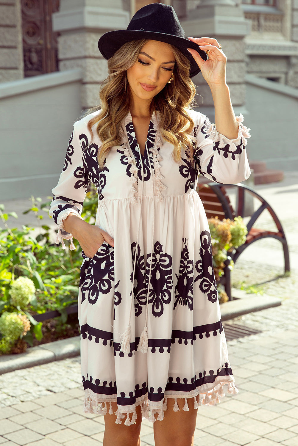 Women's Mini Dress with Western Pattern Tassel-Detail Notch