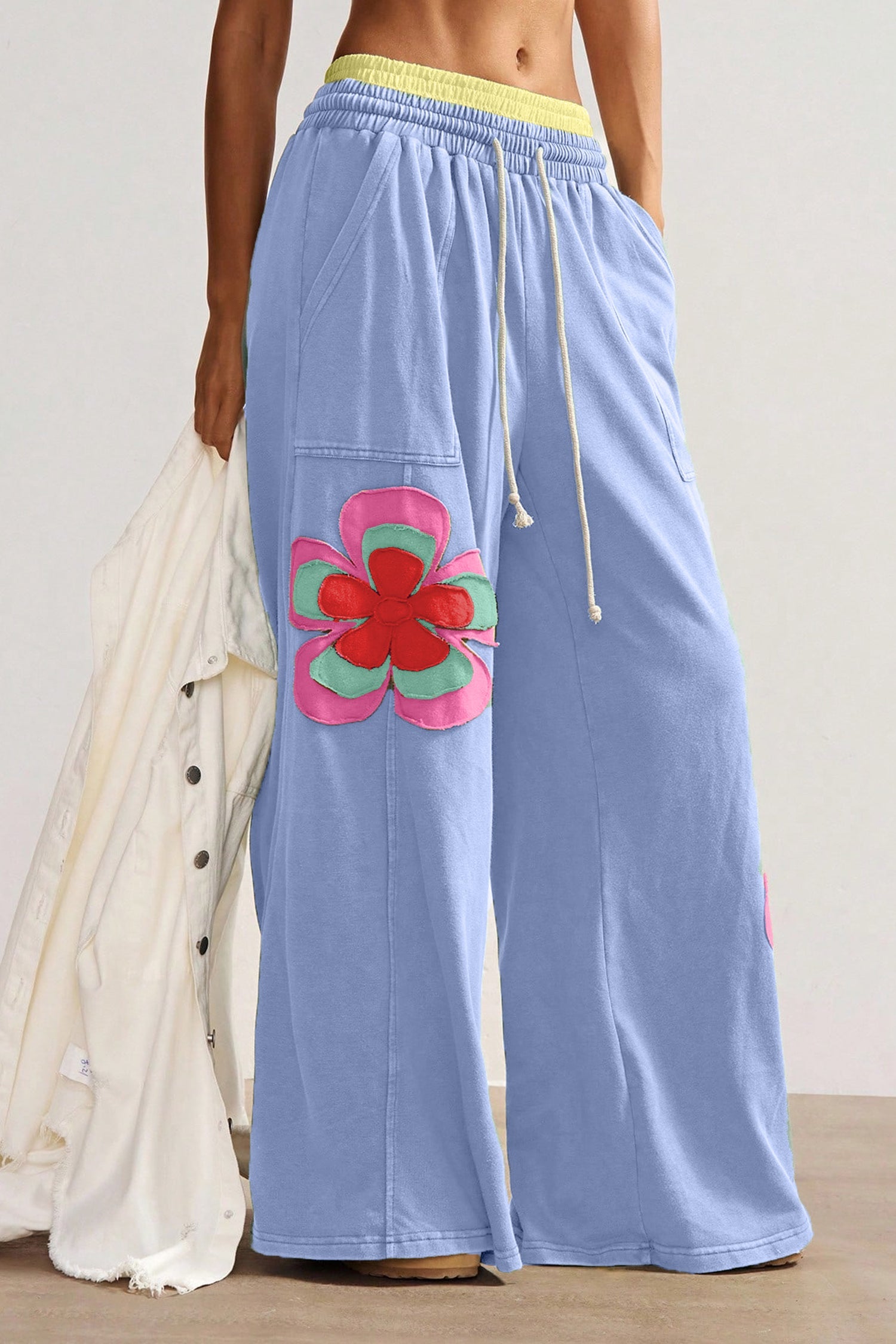 Flower Patchwork Elastic Waist Wide-Leg Pants in Sky Blue