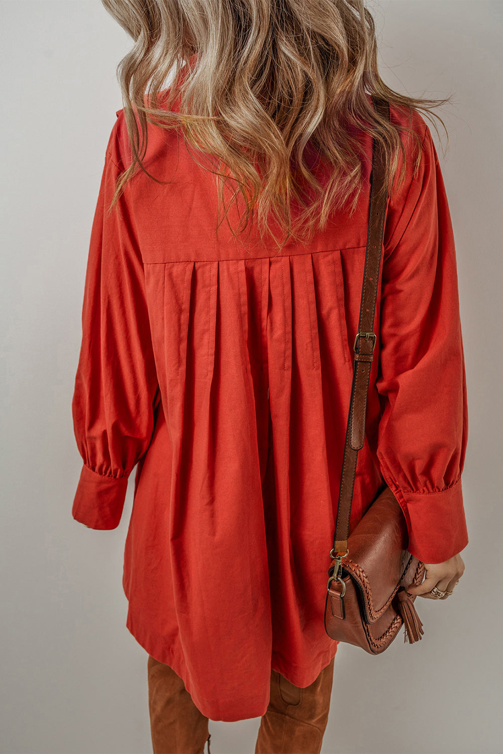 Women's Shirt Dress Featuring Bishop Sleeve Pleat-Detail Mini
