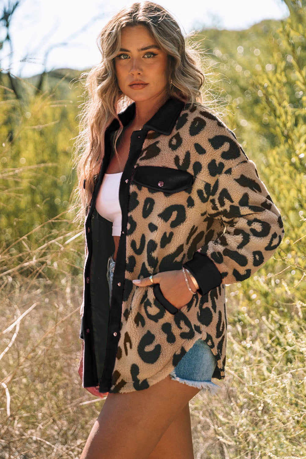 Shacket for Women Teddy Trimmed Leopard-Print