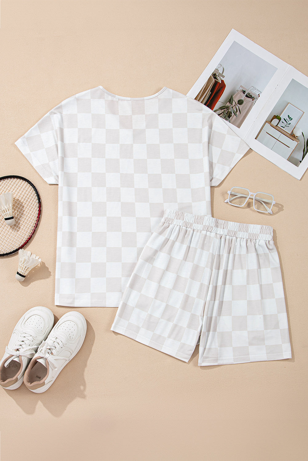 Tee Checkered V-Neck Drawcord Shorts Lounge Set Style