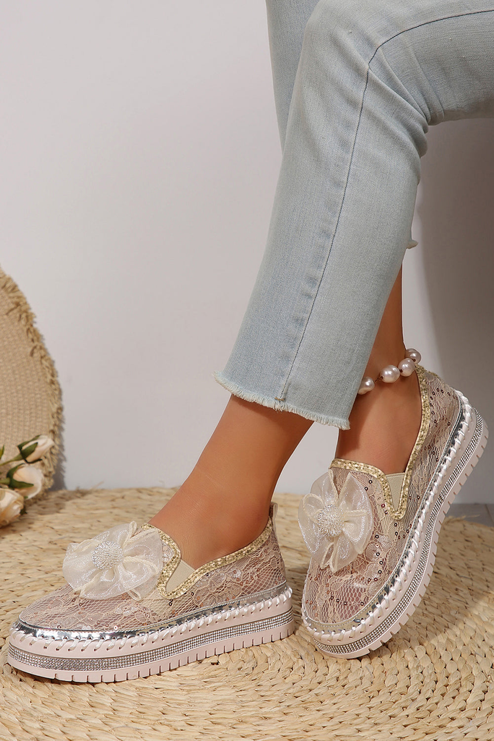Decor Glossy Bow Breathable Lace Loafer Shoes