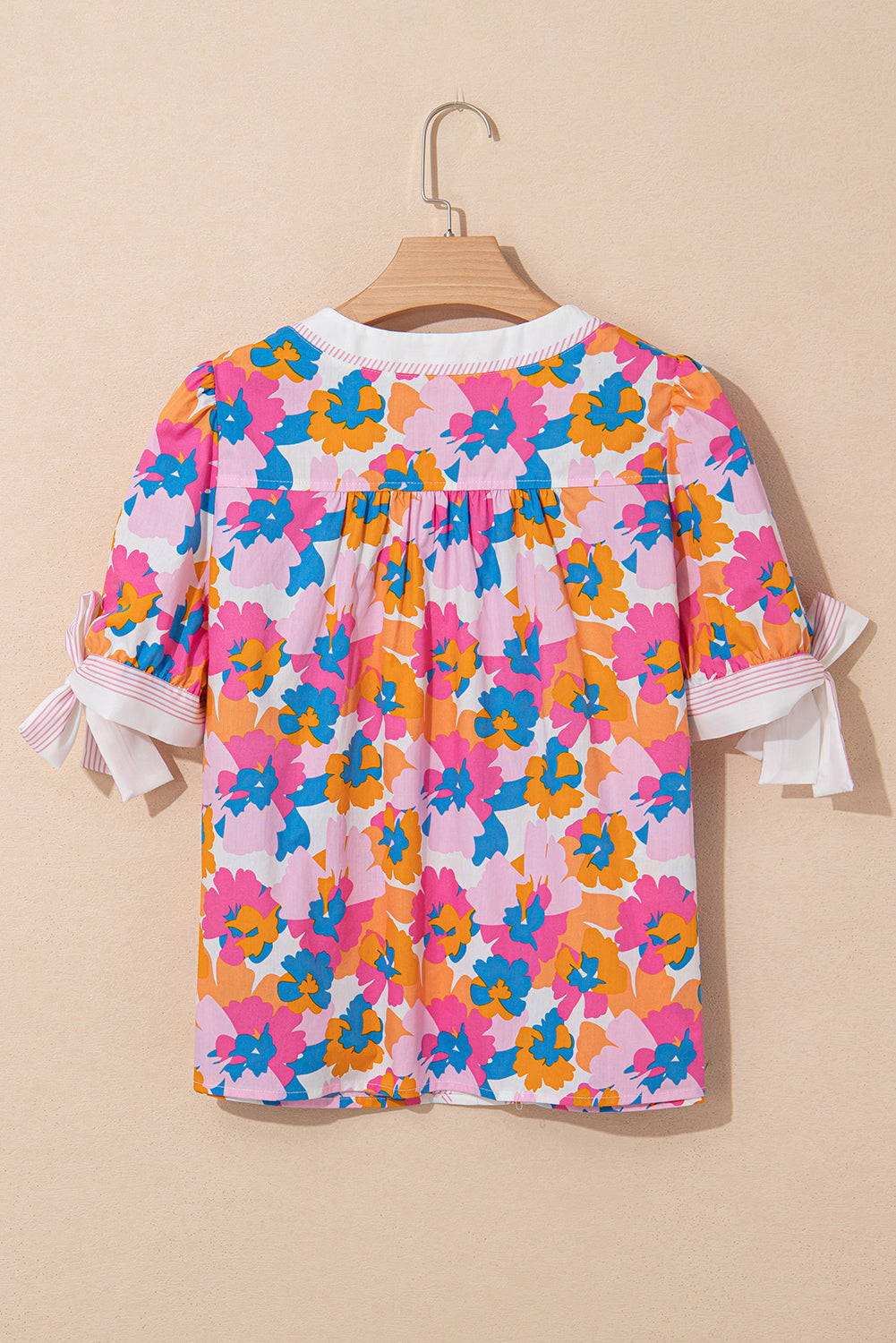 Floral Colorblock Striped Edge V-Neck Knotted Short-Sleeved Blouse
